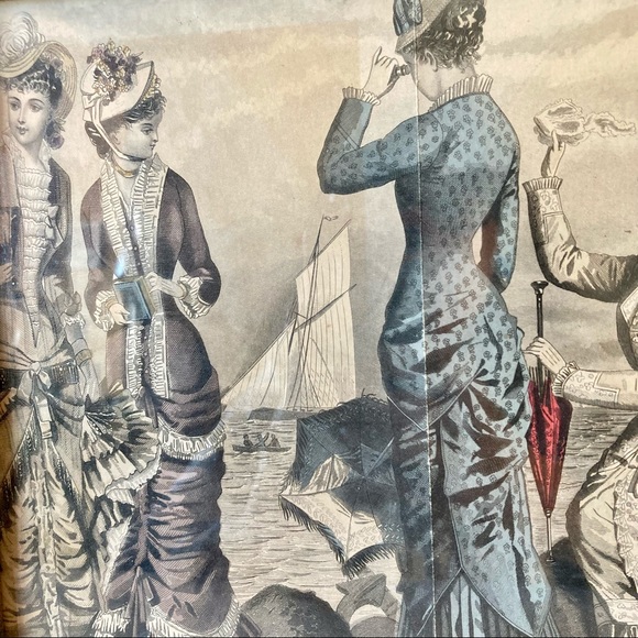 French 1800’s Fashion Plate Original Print Framed in Rustic Blue Wooden Frame - Picture 4 of 8